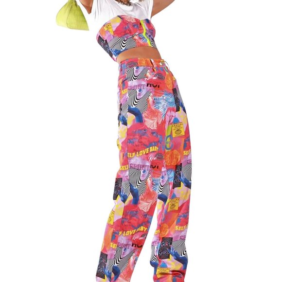 Elsie & Fred NWT 'Elsie Empower Print' Graphic Baggy Denim Jeans Size M - Picture 3 of 16